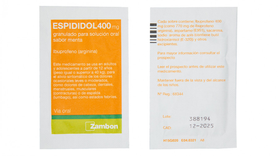 ESPIDIDOL 400 mg GRANULADO PARA SOLUCION ORAL SABOR MENTA , 12 sobres fotografía de la forma farmacéutica.