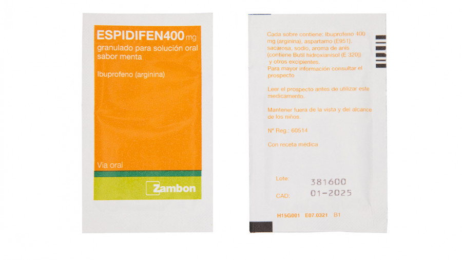 ESPIDIFEN 400 mg GRANULADO PARA SOLUCION ORAL SABOR MENTA , 30 sobres fotografía de la forma farmacéutica.