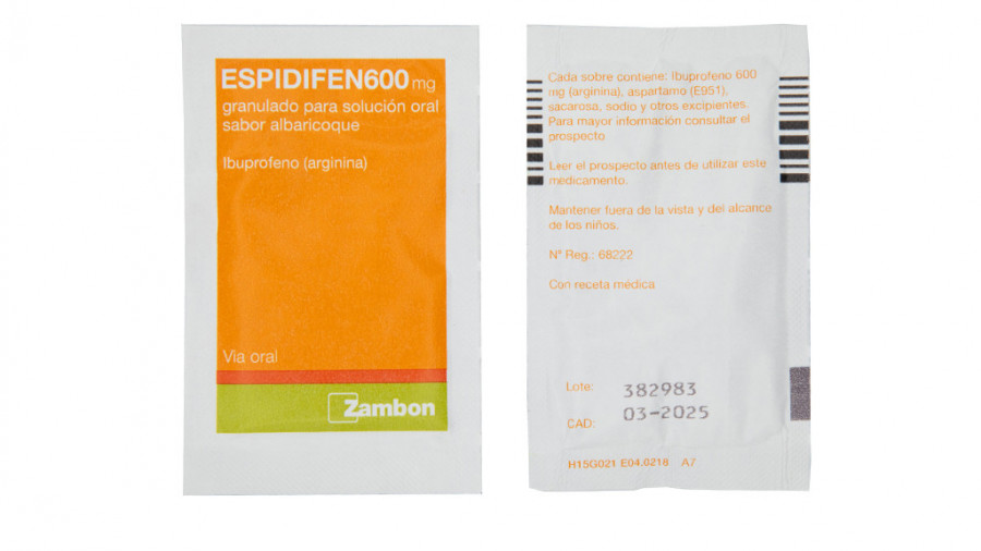 ESPIDIFEN 600 mg GRANULADO PARA SOLUCION ORAL SABOR ALBARICOQUE, 20 sobres fotografía de la forma farmacéutica.