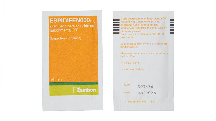 ESPIDIFEN 600 mg GRANULADO PARA SOLUCION ORAL SABOR MENTA EFG, 20 sobres fotografía de la forma farmacéutica.