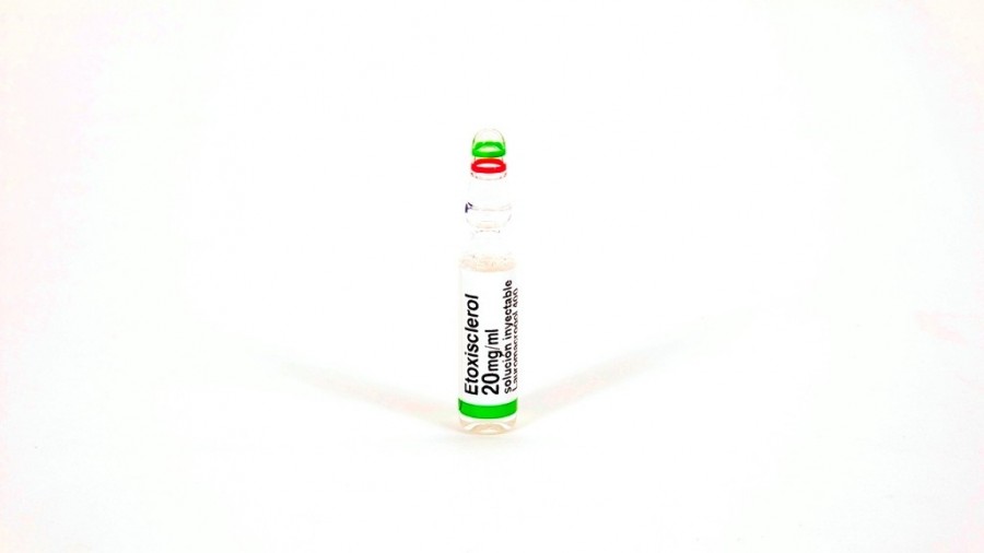 ETOXISCLEROL 20 mg/ml SOLUCIÓN INYECTABLE, 5 ampollas de 2 ml fotografía de la forma farmacéutica.