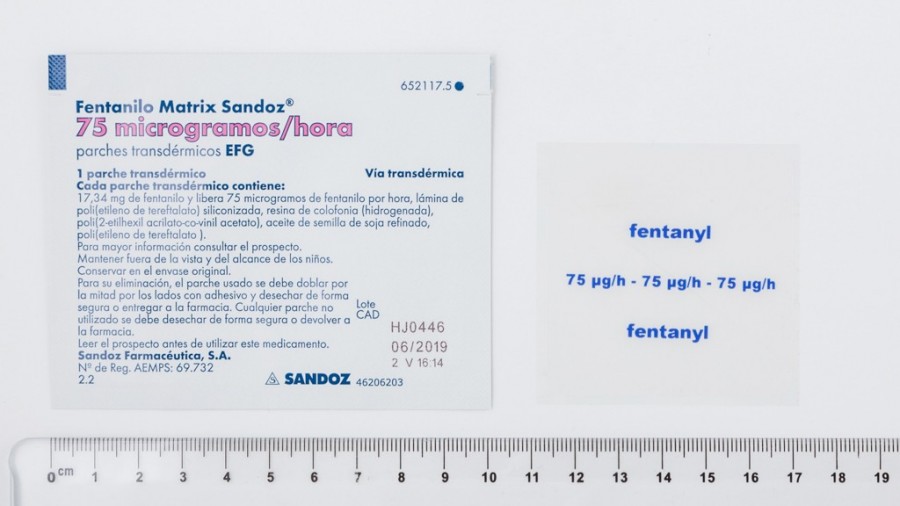 FENTANILO MATRIX SANDOZ 75 microgramos/HORA PARCHES TRANSDERMICOS EFG, 5 parches fotografía de la forma farmacéutica.