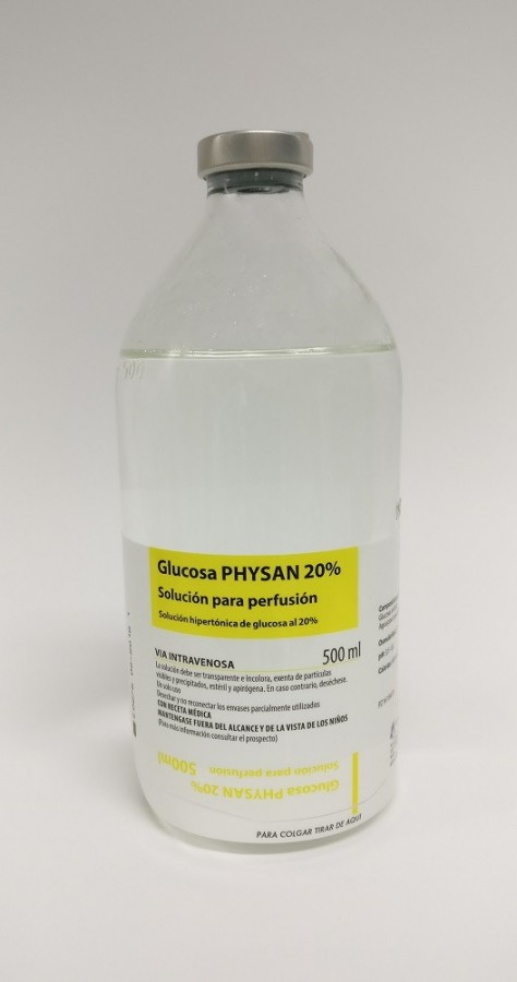 GLUCOSA PHYSAN 20% SOLUCION PARA PERFUSION,  10 frascos de  500 ml fotografía de la forma farmacéutica.