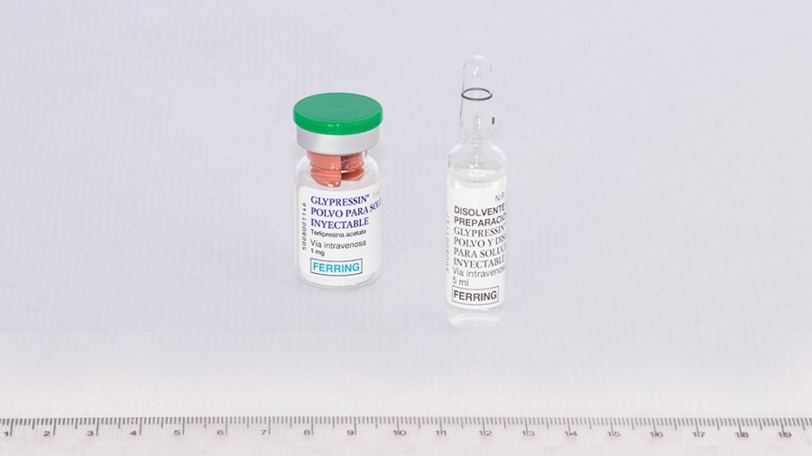 GLYPRESSIN 1mg POLVO Y DISOLVENTE PARA SOLUCION INYECTABLE, 5 viales + 5 ampollas de disolvente fotografía de la forma farmacéutica.