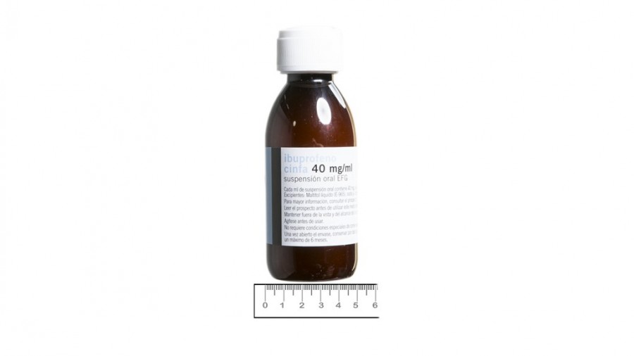 IBUPROFENO CINFA 40 MG/ML SUSPENSION ORAL EFG ,  frasco de 200 ml de suspensión fotografía de la forma farmacéutica.