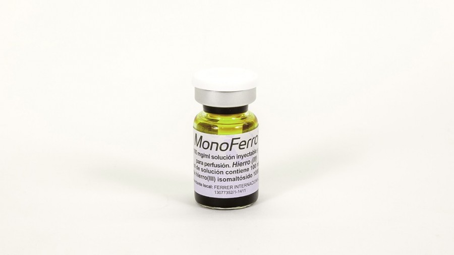 MONOFERRO 100 mg/ml SOLUCION INYECTABLE Y PARA PERFUSION , 5 viales de 5 ml fotografía de la forma farmacéutica.