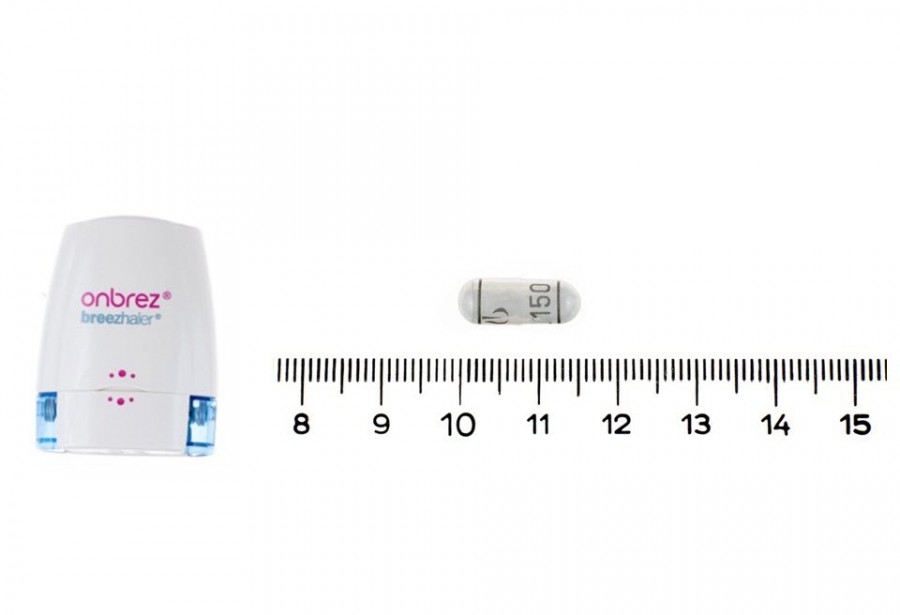 ONBREZ BREEZHALER 150 microgramos POLVO PARA INHALACION (CAPSULA DURA), 1 inhalador + 30 cápsulas fotografía de la forma farmacéutica.