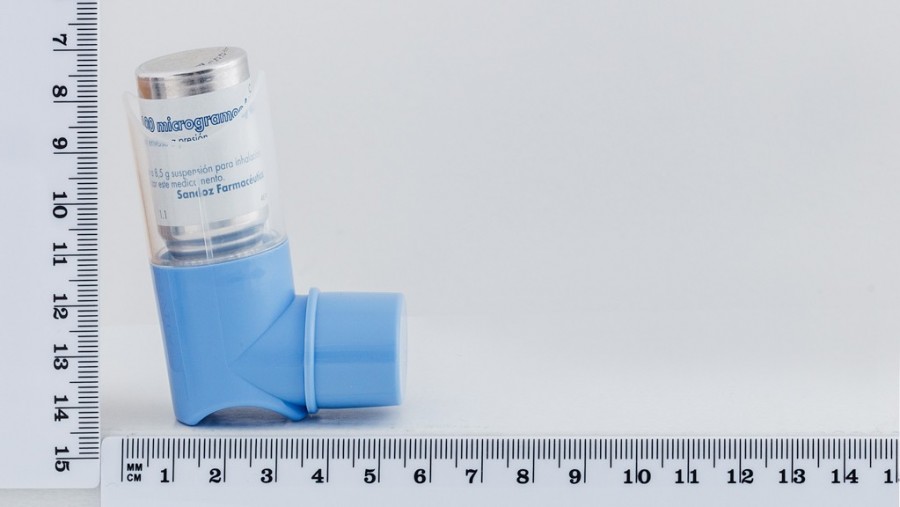 SALBUTAMOL SANDOZ 100 microgramos/DOSIS SUSPENSION PARA INHALACION EN ENVASE A PRESION, 1 inhalador de 200 dosis fotografía de la forma farmacéutica.