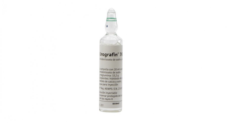 UROGRAFIN 370 MG IODO/ML SOLUCION INYECTABLE Y PARA PERFUSION, 1 ampolla de 20 ml fotografía de la forma farmacéutica.